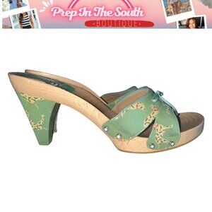 Stuart Weitzman Size 11 Green Dalmatian Slip-On  | Wood Sole | Open Toe 3.5"